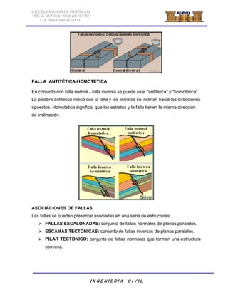 ESCUELA MILITAR DE INGENIERIA 
“MCAL. ANTONIO JOSE DE SUCRE” 
COCHABAMBA-BOLIVIA 
FALLA ANTITÉTICA-HOMOTETICA 
En conjunto con falla normal - falla inversa se puede usar "antitetica" y "homotetica". 
La palabra antitetica indica que la falla y los estratos se inclinan hacia los direcciones 
opuestos. Homotetica significa, que los estratos y la falla tienen la misma dirección 
de inclinación. 
ASOCIACIONES DE FALLAS 
Las fallas se pueden presentar asociadas en una serie de estructuras:. 
 FALLAS ESCALONADAS: conjunto de fallas normales de planos paralelos. 
 ESCAMAS TECTÓNICAS: conjunto de fallas inversas de planos paralelos. 
 PILAR TECTÓNICO: conjunto de fallas normales que forman una estructura 
I N G E N I E R I A C I V I L 
convexa. 
 