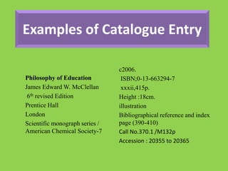 Examples of Catalogue Entry
Philosophy of Education
James Edward W. McClellan
6th revised Edition
Prentice Hall
London
Scientific monograph series /
American Chemical Society-7
c2006.
ISBN;0-13-663294-7
xxxii,415p.
Height :18cm.
illustration
Bibliographical reference and index
page (390-410)
Call No.370.1 /M132p
Accession : 20355 to 20365
 