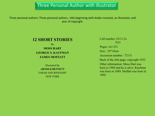 Two Personal AuthorThree Personal Author with illustrator
12 SHORT STORIES
By
MOSS HART
GEORGE S. KAUFMAN
JAMES MOFFATT
Illustrated By
ARNOLD BENNETT
FARAR AND RINEHART
NEW YORK
Call number: O111,3x
N33
Pages: xii+251
Size : 25*18cm
Accession number : 72131
Back of the title page: copyright 1933
Other information: Moss Hart was
born in 1904 and he is alive. Kaufman
was born in 1889. Moffatt was born in
1892
Three personal authors: Three personal authors , title beginning with Arabic numeral, an illustrator, and
year of copyright.
 