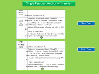 370.1
M132p
2006
20355
to
20365
McClellan, James Edward W.
Philosophy of education / James Edward W.
McClellan. - 6th rev. ed. - London : Prentice Hall, c2006.
xxxii, 103 p. : ill. ; 18 cm .- (Scientific monograph
series / American Chemical Society ; 7)
Includes bibliographical reference and index p. 390-
410
ISBN : 0-13-663294-7
1. Education-Philosophy. I. Title. II. Series: Scientific
monograph series (American Chemical Society).
Main Card
Single Personal Author with series
370.1
M132p
2006 McClellan, James Edward W.
Philosophy of education / James Edward W.
McClellan. - 6th rev. ed. - London : Prentice Hall, c2006.
xxxii, 103 p. : ill. ; 18 cm .- (Scientific monograph
series / American Chemical Society ; 7)
Includes bibliographical reference and index p. 390-
410
ISBN : 0-13-663294-7
1. Education-Philosophy. I. Title. II. Series: Scientific
monograph series (American Chemical Society)
Shelf Card
 