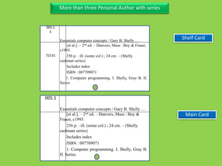 Three Personal AuthorMore than three Personal Author with series
005.1
E
72131
Essentials computer concepts / Gary B. Shelly …
[et al.]. – 2nd ed. – Danvers, Mass : Boy & Fraser,
c1993.
256 p. : ill. (some col.) ; 24 cm. – (Shelly
cashman series)
Includes index
ISBN : 087709071
1. Computer programming. I. Shelly, Gray B. II.
Series
Main Card
005.1
Essentials computer concepts / Gary B. Shelly …
[et al.]. – 2nd ed. – Danvers, Mass : Boy &
Fraser, c1993.
256 p. : ill. (some col.) ; 24 cm. – (Shelly
cashman series)
Includes index
ISBN : 087709071
1. Computer programming. I. Shelly, Gray B.
II. Series.
Shelf Card
 