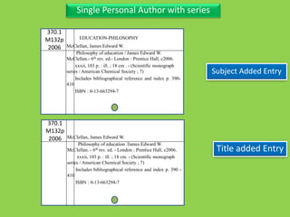 Title added Entry
Single Personal Author with series
370.1
M132p
2006 McClellan, James Edward W.
Philosophy of education /James Edward W.
McClellan. - 6th rev. ed. - London : Prentice Hall, c2006.
xxxii, 103 p. : ill. ; 18 cm. - (Scientific monograph
series / American Chemical Society ; 7)
Includes bibliographical reference and index p. 390 -
410
ISBN : 0-13-663294-7
Subject Added Entry
370.1
M132p
2006 McClellan, James Edward W.
Philosophy of education / James Edward W.
McClellan.- 6th rev. ed.- London : Prentice Hall, c2006.
xxxii, 103 p. : ill. ; 18 cm . - (Scientific monograph
series / American Chemical Society ; 7)
Includes bibliographical reference and index p. 390-
410
ISBN : 0-13-663294-7
EDUCATION-PHILOSOPHY
 