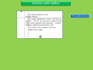 Three Personal AuthorAuthor with editor
780
Scholen, Peray A.
The oxford companion to music / by Peray A.
Scholen. - 10th ed. rev. and reset / edited by John
Owen word, reprinted with corrections. – London ;
Melborn : Oxford University Press, 1972.
xiii, 1189 p., 185 p. of plates : ill; 24 cm.
ISBN 01-9311-306-6
Title added Entry
The oxford companion to music
 