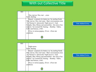 Three Personal AuthorWith out Collective Title
813
North, Sterling
Rascal : a memoir of a better era / by sterling North.
This viral air, This vital water : Man’s environment crisis
/ by Thomas G. Aylesworth. Night mover’s / Jack
Dumphy. Men, Money and automobiles : this story of an
industry / by Leonard M. Fanning. – Bombay : Vakits,
Feffor and Simons, c1963.
256 p. in various paging ; 28 cm – (Four star
condition)
Title Added Entry
This vital air, This vital …crisis
813
North, Sterling
Rascal : a memoir of a better e ra / by sterling North.
This viral air, This vital water : Man’s environment crisis
/ by Thomas G. Aylesworth. Night mover’s / Jack
Dumphy. Men, Money and automobiles : this story of an
industry / by Leonard M. Fanning. – Bombay : Vakits,
Feffor and Simons, c1963.
256 p. in various paging ; 28 cm – (Four star
condition)
Title Added Entry
Night mores
 