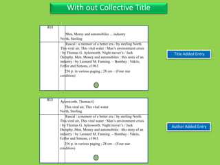 Three Personal AuthorWith out Collective Title
813
North, Sterling
Rascal : a memoir of a better era / by sterling North.
This viral air, This vital water : Man’s environment crisis
/ by Thomas G. Aylesworth. Night mover’s / Jack
Dumphy. Men, Money and automobiles : this story of an
industry / by Leonard M. Fanning. – Bombay : Vakits,
Feffor and Simons, c1963.
256 p. in various paging ; 28 cm – (Four star
condition)
Title Added Entry
Men, Morey and automobiles …industry
813
North, Sterling
Rascal : a memoir of a better era / by sterling North.
This viral air, This vital water : Man’s environment crisis
/ by Thomas G. Aylesworth. Night mover’s / Jack
Dumphy. Men, Money and automobiles : this story of an
industry / by Leonard M. Fanning. – Bombay : Vakits,
Feffor and Simons, c1963.
256 p. in various paging ; 28 cm – (Four star
condition)
Author Added Entry
Aylesworth, Thomas G
This viral air, This vital water
 