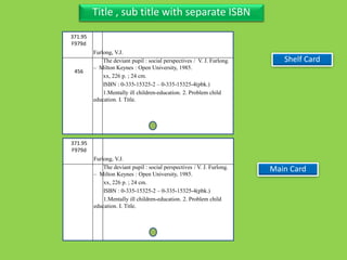 Three Personal AuthorTitle , sub title with separate ISBN
371.95
F979d
Furlong, V.J.
The deviant pupil : social perspectives / V. J. Furlong.
– Milton Keynes : Open University, 1985.
xx, 226 p. ; 24 cm.
ISBN : 0-335-15325-2 – 0-335-15325-4(pbk.)
1.Mentally ill children-education. 2. Problem child
education. I. Title.
Shelf Card
Main Card
371.95
F979d
456
Furlong, V.J.
The deviant pupil : social perspectives / V. J. Furlong.
– Milton Keynes : Open University, 1985.
xx, 226 p. ; 24 cm.
ISBN : 0-335-15325-2 – 0-335-15325-4(pbk.)
1.Mentally ill children-education. 2. Problem child
education. I. Title.
 