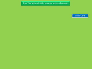 Three Personal AuthorFour Title with sub-title, separate author also series
Shelf Card
 