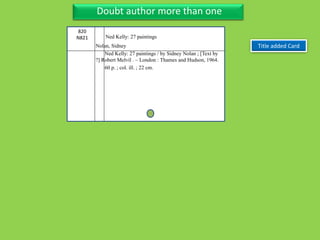Three Personal AuthorDoubt author more than one
Title added Card
820
N821
Nolan, Sidney
Ned Kelly: 27 paintings / by Sidney Nolan ; [Text by
?] Robert Melvil . – London : Thames and Hudson, 1964.
60 p. ; col. ill. ; 22 cm.
Ned Kelly: 27 paintings
 