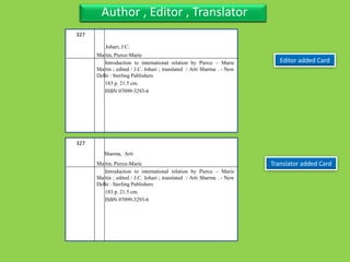 Three Personal AuthorFour Title with sub-title, separate author also series
Editor added Card
Three Personal AuthorAuthor , Editor , Translator
Translator added Card
327
Martin, Pierce-Marie
Introduction to international relation by Pierce – Marie
Martin ; edited / J.C. Johari ; translated / Arti Sharma . - New
Delhi : Sterling Publishers
183 p. 21.5 cm.
ISBN 07099-3293-6
.
327
Martin, Pierce-Marie
Introduction to international relation by Pierce – Marie
Martin ; edited / J.C. Johari ; translated / Arti Sharma . - New
Delhi : Sterling Publishers
183 p. 21.5 cm.
ISBN 07099-3293-6
Johari, J.C.
Sharma, Arti
 