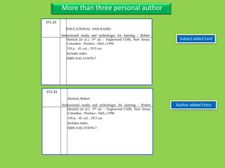 Three Personal AuthorFour Title with sub-title, separate author also series
Subject added Card
Three Personal AuthorMore than three personal author
Author added Entry
371.33
Instructional media and technologes for learning / Robert
Heinich [et al.]. -5th ed. – Englewood Cliffs, New Jersey
Columbus : Prentice - Hall, c1996.
358 p. : ill. col. ; 29.5 cm.
Includes index.
ISBN 0-02-353070-7
Heinich, Robert
371.33
Instructional media and technologes for learning / Robert
Heinich [et al.]. -5th ed. – Englewood Cliffs, New Jersey
Columbus : Prentice - Hall, c1996.
358 p. : ill. col. ; 29.5 cm.
Includes index.
ISBN 0-02-353070-7
EDUCATIONAL AND RADIO
 