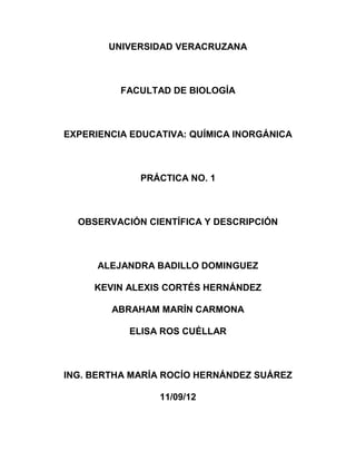 UNIVERSIDAD VERACRUZANA



          FACULTAD DE BIOLOGÍA



EXPERIENCIA EDUCATIVA: QUÍMICA INORGÁNICA



             PRÁCTICA NO. 1



  OBSERVACIÓN CIENTÍFICA Y DESCRIPCIÓN



      ALEJANDRA BADILLO DOMINGUEZ

     KEVIN ALEXIS CORTÉS HERNÁNDEZ

        ABRAHAM MARÍN CARMONA

           ELISA ROS CUÉLLAR



ING. BERTHA MARÍA ROCÍO HERNÁNDEZ SUÁREZ

                 11/09/12
 