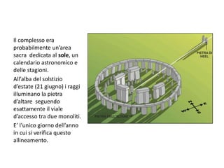 Il complesso era
probabilmente un’area
sacra dedicata al sole, un
calendario astronomico e
delle stagioni.
All’alba del solstizio
d’estate (21 giugno) i raggi
illuminano la pietra
d’altare seguendo
esattamente il viale
d’accesso tra due monoliti.
E’ l’unico giorno dell’anno
in cui si verifica questo
allineamento.
 