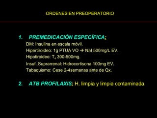 ORDENES EN PREOPERATORIO PREMEDICACIÓN ESPECÍFICA :   DM: Insulina en escala móvil. Hipertiroideo: 1g PTUA VO    NaI 500mg/L EV. Hipotiroideo: T 4  300-500mg. Insuf. Suprarrenal: Hidrocortisona 100mg EV. Tabaquismo: Cese 2-4semanas ante de Qx. ATB PROFILAXIS :  H. limpia y limpia contaminada. 