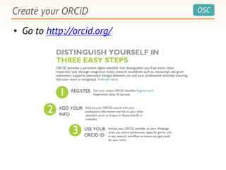 OSC
• Go to http://orcid.org/
Create your ORCiD
 