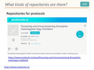 OSCWhat kinds of repositories are there?
Repositories for protocols
https://www.protocols.io/
https://www.protocols.io/view/Dissecting-and-Immunostaining-Drosophila-
melanogas-mw9wh5
 