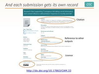 OSCAnd each submission gets its own record
http://dx.doi.org/10.17863/CAM.33
Citation
Reference to other
outputs
Licence
 