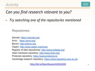 OSC
Can you find research relevant to you?
- Try searching one of the repositories mentioned
Activity
52http://bit.ly/OpenResearch20161024
 