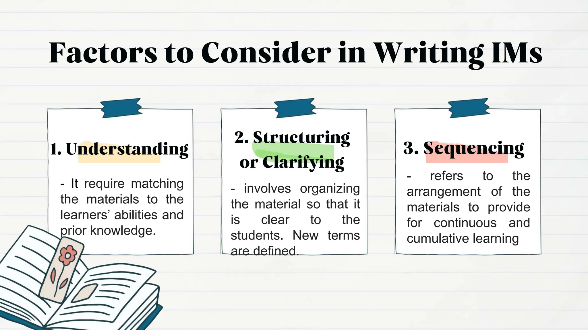 - involves organizing
the material so that it
is clear to the
students. New terms
are defined.
- refers to the
arrangement of the
materials to provide
for continuous and
cumulative learning
- It require matching
the materials to the
learners’ abilities and
prior knowledge.
 