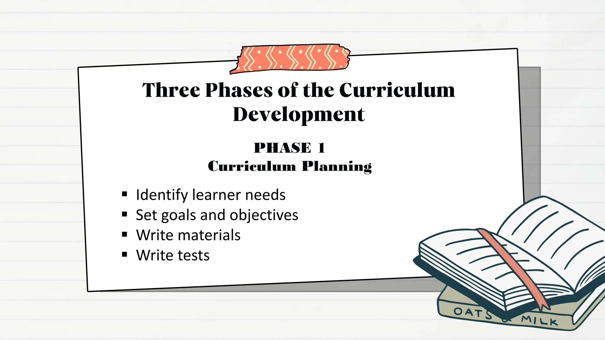  Identify learner needs
 Set goals and objectives
 Write materials
 Write tests
PHASE 1
Curriculum Planning
 