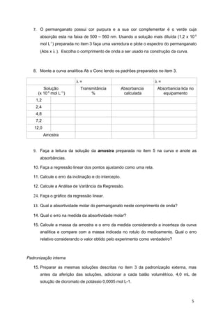 7. O permanganato possui cor purpura e a sua cor complementar é o verde cuja
absorção esta na faixa de 500 – 560 nm. Usando a solução mais diluída (1,2 x 10-5
mol L-1
) preparada no item 3 faça uma varredura e plote o espectro do permanganato
(Abs x λ ). Escolha o comprimento de onda a ser usado na construção da curva.
8. Monte a curva analítica Ab x Conc lendo os padrões preparados no item 3.
λ = λ =
Solução
(x 10-5
mol L-1)
)
Transmitância
%
Absorbancia
calculada
Absorbancia lida no
equipamento
1,2
2,4
4,8
7,2
12,0
Amostra
9. Faça a leitura da solução da amostra preparada no item 5 na curva e anote as
absorbâncias.
10. Faça a regressão linear dos pontos ajustando como uma reta.
11. Calcule o erro da inclinação e do intercepto.
12. Calcule a Análise de Variância da Regressão.
24. Faça o gráfico da regressão linear.
13. Qual a absortividade molar do permanganato neste comprimento de onda?
14. Qual o erro na medida da absortividade molar?
15. Calcule a massa da amostra e o erro da medida considerando a incerteza da curva
analítica e compare com a massa indicada no rotulo do medicamento. Qual o erro
relativo considerando o valor obtido pelo experimento como verdadeiro?
Padronização interna
15. Preparar as mesmas soluções descritas no item 3 da padronização externa, mas
antes da aferição das soluções, adicionar a cada balão volumétrico, 4,0 mL de
solução de dicromato de potássio 0,0005 mol L-1.
5
 