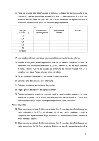 16. Faça as leituras das absorbâncias a soluções estoque de permanganato e de
cromato (o cromato possui cor amarela e a sua cor complementar é o azul cuja
absorção esta na faixa de 435 - 480 nm. Faça a varredura na região e localize o
mínimo de transmitância) e sua no fotômetro separadamente.
λ = λ =
Solução
(x 10-5
mol L-1)
)
Absorbancia
permanganato
Absorbancia
cromato
Razão
1,2
2,4
4,8
7,2
12,0
Amostra
17. Leia as absorbâncias e construa a curva analítica com padronização interna.
18. Prepare a solução da amostra pipetando 8,00 mL da amostra preparada no item 1 e
transferira para o balão volumétrico de 100,0 mL, adicione 10 mL de ácido clorídrico
1 mol/L, adicione 4,0 mL de solução de dicromato de potássio 0,0005 mol L-1 e
complete com água. Faça a leitura e anote na tabela.
19. Faça a regressão linear dos pontos ajustando como uma reta.
20. Calcule o erro da inclinação e do intercepto.
21. Calcule a Análise de Variância da Regressão.
22. Faça o gráfico de resíduos da regressão linear.
23. Calcule a massa da amostra e o erro da medida considerando a incerteza da curva
analítica e compare com a massa indicada no rotulo do medicamento. Qual o erro
relativo considerando o valor obtido pelo experimento como verdadeiro?
Adição de padrão
24. Dilua a amostra medindo 8,00 mL da solução item 1 e desta e transferindo para um
balão volumétrico de 100,0 mL,adicione 10 mL de ácido clorídrico 1 mol/L e
completar com água destilada. Faça as leituras no mesmo comprimento de onda e
anote na tabela abaixo?
25. Dilua a amostra medindo 8,00 mL da solução item 1 e desta e transferindo para um
balão volumétrico de 100,0 mL, adicionar 2,50 mL da solução preparada no item 2 (e
6
 