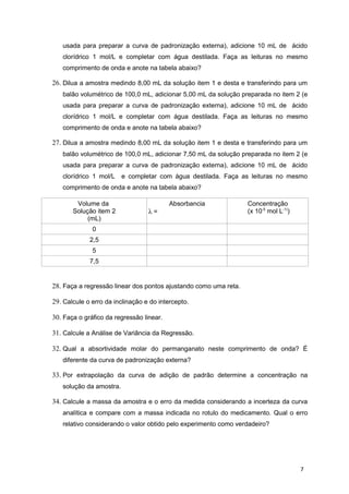 usada para preparar a curva de padronização externa), adicione 10 mL de ácido
clorídrico 1 mol/L e completar com água destilada. Faça as leituras no mesmo
comprimento de onda e anote na tabela abaixo?
26. Dilua a amostra medindo 8,00 mL da solução item 1 e desta e transferindo para um
balão volumétrico de 100,0 mL, adicionar 5,00 mL da solução preparada no item 2 (e
usada para preparar a curva de padronização externa), adicione 10 mL de ácido
clorídrico 1 mol/L e completar com água destilada. Faça as leituras no mesmo
comprimento de onda e anote na tabela abaixo?
27. Dilua a amostra medindo 8,00 mL da solução item 1 e desta e transferindo para um
balão volumétrico de 100,0 mL, adicionar 7,50 mL da solução preparada no item 2 (e
usada para preparar a curva de padronização externa), adicione 10 mL de ácido
clorídrico 1 mol/L e completar com água destilada. Faça as leituras no mesmo
comprimento de onda e anote na tabela abaixo?
Volume da
Solução item 2
(mL)
Absorbancia
λ =
Concentração
(x 10-5
mol L-1)
)
0
2,5
5
7,5
28. Faça a regressão linear dos pontos ajustando como uma reta.
29. Calcule o erro da inclinação e do intercepto.
30. Faça o gráfico da regressão linear.
31. Calcule a Análise de Variância da Regressão.
32. Qual a absortividade molar do permanganato neste comprimento de onda? É
diferente da curva de padronização externa?
33. Por extrapolação da curva de adição de padrão determine a concentração na
solução da amostra.
34. Calcule a massa da amostra e o erro da medida considerando a incerteza da curva
analítica e compare com a massa indicada no rotulo do medicamento. Qual o erro
relativo considerando o valor obtido pelo experimento como verdadeiro?
7
 