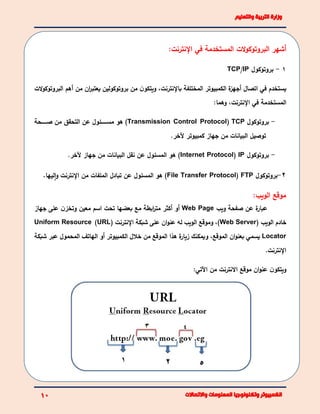 ‫أ‬‫البر‬ ‫شهر‬‫و‬:‫اإلنترنت‬ ‫في‬ ‫المستخدمة‬ ‫الت‬‫و‬‫توك‬
1-‫بر‬‫و‬‫توكول‬TCP/IP
‫الت‬‫و‬‫البروتوك‬ ‫أهم‬ ‫من‬ ‫ان‬‫ر‬‫يعتب‬ ‫بروتوكولين‬ ‫من‬ ‫ن‬‫ويتكو‬ ،‫باإلنترنت‬ ‫المختلفة‬ ‫الكمبيوتر‬ ‫ة‬‫أجهز‬ ‫اتصال‬ ‫في‬ ‫يستخدم‬
:‫وهما‬ ،‫اإلنترنت‬ ‫في‬ ‫المستخدمة‬
-‫بروتوكول‬TCP(Transmission Control Protocol)‫هو‬‫عن‬ ‫ئئئئئئئول‬‫ئ‬‫مس‬‫ئئئئئئحة‬‫ئ‬‫ص‬ ‫من‬ ‫التحقق‬
‫توصيل‬‫كمبيوتر‬ ‫جهاز‬ ‫من‬ ‫البيانات‬‫آلخر‬.
-‫بروتوكول‬IP(Internet Protocol)‫عن‬ ‫المسئول‬ ‫هو‬‫نقل‬‫من‬ ‫البيانات‬.‫آلخر‬ ‫جهاز‬
2-‫بر‬‫و‬‫توكول‬FTP(File Transfer Protocol)‫هو‬‫ال‬‫عن‬ ‫مسئول‬‫تبادل‬‫اإلنترنت‬ ‫من‬ ‫الملفات‬‫ليها‬‫ا‬‫و‬.
:‫الويب‬ ‫موقع‬
‫ويب‬ ‫صفحة‬ ‫عن‬ ‫ة‬‫عبار‬Web Page‫جهاز‬ ‫على‬ ‫ن‬‫وتخز‬ ‫معين‬ ‫اسم‬ ‫تحت‬ ‫بعضها‬ ‫مع‬ ‫ابطة‬‫ر‬‫مت‬ ‫أكثر‬ ‫أو‬
‫الويب‬ ‫خادم‬(Web Server‫اإلنترنت‬ ‫شبكة‬ ‫على‬ ‫ان‬‫و‬‫عن‬ ‫له‬ ‫الويب‬ ‫وموقع‬ ،)(URL)Uniform Resource
Locator‫شبكة‬ ‫عبر‬ ‫المحمول‬ ‫الهاتف‬ ‫أو‬ ‫الكمبيوتر‬ ‫خالل‬ ‫من‬ ‫الموقع‬ ‫هذا‬ ‫ة‬‫زيار‬ ‫ويمكنك‬ ،‫الموقع‬ ‫ان‬‫و‬‫بعن‬ ‫يسمي‬
‫اإلنترنت‬.
‫ن‬‫ويتكو‬‫ع‬‫االنترنت‬ ‫موقع‬ ‫ان‬‫و‬‫ن‬:‫اآلتي‬ ‫من‬
 