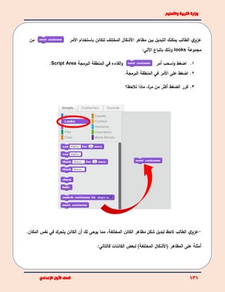 ‫من‬ ‫عزيز‬‫ي‬‫يمكنك‬ ‫الطالب‬‫بين‬ ‫التبديل‬‫األ‬ ‫مظاهر‬‫شكال‬‫المختلف‬‫ل‬‫باستخدام‬ ‫لكائن‬‫ا‬‫أل‬‫مر‬
‫مجموعة‬looks‫وذلك‬‫باتباع‬:‫اآلتي‬
‫القاءه‬‫و‬‫المنطقة‬ ‫في‬‫البرمجة‬Script Area. 1.‫ا‬‫ضغط‬‫اسحب‬‫و‬‫أ‬‫مر‬
2.‫األ‬ ‫على‬ ‫اضغط‬‫مر‬‫المنطقة‬ ‫في‬‫البرمجة‬.
3.‫الضغط‬ ‫كرر‬‫أكثر‬‫ة‬‫مر‬ ‫من‬،‫ماذا‬‫تلحظ؟‬
-‫ي‬‫عزيز‬‫الحظ‬ ‫الطالب‬‫تبديل‬‫مظاهر‬ ‫شكل‬‫الكائن‬‫المختلفة‬،‫يوحى‬ ‫مما‬‫لك‬‫أ‬‫الكا‬ ‫ن‬‫ئ‬‫يتحرك‬ ‫ن‬‫في‬‫المك‬ ‫نفس‬‫ان‬.
‫أ‬‫ال‬ ‫على‬ ‫مثلة‬‫مظاهر‬‫(األشكال‬‫ل‬ )‫المختلفة‬‫الكائنات‬ ‫بعض‬‫كالتالي‬:
 