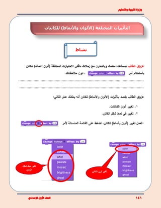 ‫ي‬‫عزيز‬‫الطالب‬‫مع‬ ‫ن‬‫وبالتعاو‬ ‫معلمك‬ ‫بمساعدة‬‫زملئك‬‫ناقش‬‫المختلفة‬ ‫ات‬‫ر‬‫االختيا‬(‫أ‬‫ان‬‫و‬‫ل‬-)‫انماط‬‫للكائن‬
،‫ملحظاتك‬ ‫ن‬‫دو‬. ‫باستخدام‬‫أ‬‫مر‬
...........................................................................................................
..........................................................................................................
‫ي‬‫عزيز‬‫الطالب‬‫يقصد‬‫ات‬‫ر‬‫بتأثي‬(‫ان‬‫و‬‫األل‬‫و‬‫األ‬)‫نماط‬‫للكائن‬‫أنه‬‫يمكن‬‫التالي‬ ‫عمل‬ ‫ك‬:
1.‫تغي‬‫ي‬‫ر‬‫ان‬‫و‬‫أل‬‫الكائنات‬.
2.‫تغيير‬‫في‬‫شكل‬ ‫نمط‬‫الكائن‬.
-‫لعمل‬‫تغيير‬‫للكائن‬ )‫أنماط‬‫و‬ ‫ان‬‫و‬‫(أل‬،‫المنسدلة‬ ‫القائمة‬ ‫على‬ ‫اضغط‬‫ألمر‬
‫نشاط‬
‫لون‬ ‫تغير‬‫الكائن‬
‫شكل‬ ‫نمط‬ ‫تغير‬
‫الكائن‬
( ‫المختلفة‬ ‫التأثيرات‬‫األلوان‬‫للكائنات‬ )‫واألنماط‬
 