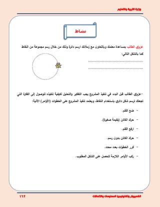 ‫ي‬‫عزيز‬‫الطالب‬‫و‬ ‫معلمك‬ ‫بمساعدة‬‫ب‬‫مع‬ ‫ن‬‫التعاو‬‫زمالئك‬‫ا‬‫ة‬‫دائر‬ ‫رسم‬‫النقاط‬ ‫من‬ ‫مجموعة‬ ‫رسم‬ ‫خالل‬ ‫من‬ ‫وذلك‬
‫بالشكل‬ ‫كما‬‫التالي‬:
...............................................
...............................................
-‫ي‬‫عزيز‬‫الطالب‬‫إلى‬ ‫للوصول‬ ‫تنفيذه‬ ‫لكيفية‬ ‫التحليل‬‫و‬ ‫التفكير‬ ‫يجب‬ ‫ع‬‫المشرو‬ ‫تنفيذ‬ ‫في‬ ‫البدء‬ ‫قبل‬‫ا‬‫ل‬‫ة‬‫فكر‬‫التي‬
‫تجعل‬‫ك‬‫ت‬‫رسم‬‫ي‬‫دائر‬ ‫شكل‬‫باستخدام‬‫ا‬‫لنق‬‫ا‬‫ط‬،‫وي‬‫عتمد‬‫ع‬‫المشرو‬ ‫تنفيذ‬‫على‬‫اآلتية‬ )‫امر‬‫و‬‫(األ‬ ‫ات‬‫و‬‫الخط‬:
-‫القلم‬ ‫ضع‬.
-‫الكائن‬ ‫حرك‬‫(بقيمة‬‫صغير‬‫ة‬).
-‫ا‬‫القلم‬ ‫رفع‬.
-‫رسم‬ ‫ن‬‫بدو‬ ‫الكائن‬ ‫حرك‬.
-‫كرر‬‫ا‬‫ات‬‫و‬‫لخط‬‫ب‬‫محدد‬ ‫عدد‬.
-‫األ‬ ‫ركب‬‫امر‬‫و‬‫ال‬‫ال‬‫زمة‬‫على‬ ‫لتحصل‬‫المطلوب‬ ‫الشكل‬.
‫نشاط‬
 