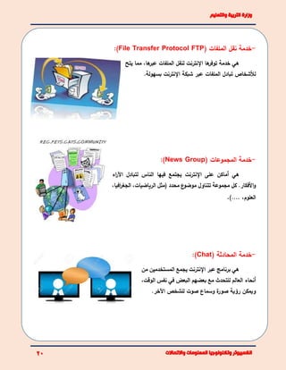 -( ‫الملفات‬ ‫نقل‬ ‫خدمة‬File Transfer Protocol FTP):
‫اإل‬ ‫ها‬‫توفر‬ ‫خدمة‬ ‫هي‬‫يتح‬ ‫مما‬ ،‫ها‬‫عبر‬ ‫الملفات‬ ‫لنقل‬ ‫نترنت‬
‫اإل‬ ‫شبكة‬ ‫عبر‬ ‫الملفات‬ ‫تبادل‬ ‫لألشخاص‬.‫بسهولة‬ ‫نترنت‬
-( ‫المجموعات‬ ‫خدمة‬News Group):
‫هي‬‫على‬ ‫أماكن‬‫اإل‬‫نترنت‬‫اء‬‫ر‬‫اآل‬ ‫لتبادل‬ ‫الناس‬ ‫فيها‬ ‫يجتمع‬
‫مجموعة‬ ‫كل‬ .‫األفكار‬‫و‬‫تتناول‬‫ع‬‫موضو‬‫محدد‬‫(مثل‬،‫الرياضيات‬‫اف‬‫ر‬‫الجغ‬،‫يا‬
،‫العلوم‬).....
-( ‫المحادثة‬ ‫خدمة‬Chat):
‫هي‬‫برنامج‬‫اإل‬ ‫عبر‬‫نترنت‬‫ي‬‫من‬ ‫المستخدمين‬ ‫جمع‬
‫مع‬ ‫للتحدث‬ ‫العالم‬ ‫أنحاء‬‫البعض‬ ‫بعضهم‬‫في‬‫الو‬ ‫نفس‬‫قت‬،
‫و‬‫يمكن‬‫رؤية‬‫ة‬‫صور‬‫وسماع‬‫صوت‬.‫اآلخر‬ ‫للشخص‬
 