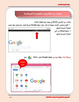‫بريد‬ ‫إلنشاء‬‫و‬‫إ‬‫لكتروني‬Gmail:‫التالية‬ ‫ات‬‫و‬‫الخط‬ ‫اتبع‬ ‫جوجل‬ ‫في‬
1-‫افتح‬‫موقع‬ ‫ان‬‫و‬‫عن‬ ‫اكتب‬ ‫ثم‬ ‫بجهازك‬ ‫االنترنت‬ ‫مستعرض‬Google‫تحميل‬ ‫فيتم‬ ‫بالمستعرض‬ ‫ان‬‫و‬‫العن‬ ‫بشريط‬
‫للموقع‬ ‫الرئيسية‬ ‫الصفحة‬.
2-‫اضغط‬Gmail‫أعلى‬ ‫من‬
.‫للموقع‬ ‫الرئيسية‬ ‫الصفحة‬
‫منها‬ :‫هامة‬ ‫ملحوظة‬‫يمكنك‬ً‫ا‬‫ايض‬‫من‬Google apps‫اختيار‬Drive
Google
apps
‫إلكتروني‬ ‫بريد‬ ‫إنشاء‬‫السحابية‬ ‫للحوسبة‬
 