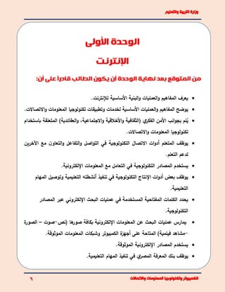 :‫أن‬ ‫على‬ ً‫ا‬‫قادر‬ ‫الطالب‬ ‫يكون‬ ‫أن‬ ‫الوحدة‬ ‫نهاية‬ ‫بعد‬ ‫المتوقع‬ ‫من‬
‫األساسية‬ ‫البنية‬‫و‬ ‫العمليات‬‫و‬ ‫المفاهيم‬ ‫يعرف‬.‫لإلنترنت‬
‫لخدمات‬ ‫األساسية‬ ‫العمليات‬‫و‬ ‫المفاهيم‬ ‫يوضح‬‫االتصاالت‬‫و‬ ‫المعلومات‬ ‫تكنولوجيا‬ ‫وتطبيقات‬.
‫لم‬ُ‫ي‬‫(الثقافية‬ ‫ي‬‫الفكر‬ ‫األمن‬ ‫انب‬‫و‬‫بج‬‫األخالقية‬‫و‬‫االجتماعية‬‫و‬‫باس‬ ‫المتعلقة‬ )‫العقائدية‬‫و‬ ،‫تخدام‬
‫االتصاالت‬‫و‬ ‫المعلومات‬ ‫تكنولوجيا‬.
‫اآلخرين‬ ‫مع‬ ‫ن‬‫التعاو‬‫و‬ ‫التفاعل‬‫و‬ ‫اصل‬‫و‬‫الت‬ ‫في‬ ‫التكنولوجية‬ ‫االتصال‬ ‫ات‬‫و‬‫أد‬ ‫المتعلم‬ ‫يوظف‬
‫التعلم‬ ‫لدعم‬.
‫ي‬‫ستخد‬‫اإللكترونية‬ ‫المعلومات‬ ‫مع‬ ‫التعامل‬ ‫في‬ ‫التكنولوجية‬ ‫المصادر‬ ‫م‬.
‫المهام‬ ‫وتوصيل‬ ‫التعليمية‬ ‫أنشطته‬ ‫تنفيذ‬ ‫في‬ ‫التكنولوجية‬ ‫اإلنتاج‬ ‫ات‬‫و‬‫أد‬ ‫بعض‬ ‫يوظف‬
.‫التعليمية‬
‫البحث‬ ‫عمليات‬ ‫في‬ ‫المستخدمة‬ ‫المفتاحية‬ ‫الكلمات‬ ‫يحدد‬‫اإللكتروني‬‫المصادر‬ ‫عبر‬
‫التكنولوجية‬.
‫يمارس‬‫البحث‬ ‫عمليات‬‫عن‬‫المعلومات‬( ‫ها‬‫صور‬ ‫بكافة‬ ‫اإللكترونية‬‫نص‬-‫صوت‬–‫الصو‬‫ة‬‫ر‬
-‫مشاهد‬)‫فيلمية‬‫المتاح‬‫ة‬.‫الموثوقة‬ ‫المعلومات‬ ‫وشبكات‬ ‫الكمبيوتر‬ ‫ة‬‫أجهز‬ ‫على‬
‫الموثوقة‬ ‫اإللكترونية‬ ‫المصادر‬ ‫يستخدم‬.
‫المعرفة‬ ‫بنك‬ ‫يوظف‬‫ي‬‫المصر‬‫في‬.‫التعليمية‬ ‫المهام‬ ‫تنفيذ‬
‫األولى‬ ‫الوحدة‬
‫اإلنترنت‬
 