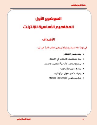 ‫األهـداف‬
‫هذا‬ ‫نهاية‬ ‫في‬‫على‬ ً‫ا‬‫ر‬‫قاد‬ ‫الطالب‬ ‫ن‬‫يكو‬ ‫أن‬ ‫يتوقع‬ ‫ع‬‫الموضو‬:‫أن‬
.‫االنترنت‬ ‫مفهوم‬ ‫يحدد‬
‫االنترنت‬ ‫في‬ ‫االستخدام‬ ‫مصطلحات‬ ‫يميز‬.
.‫االنترنت‬ ‫لمتطلبات‬ ‫األساسية‬ ‫العناصر‬ ‫يستنتج‬
‫يوضح‬‫الويب‬ ‫موقع‬ ‫مفهوم‬.
‫يتعرف‬‫الويب‬ ‫موقع‬ ‫ان‬‫و‬‫عن‬ ‫عناصر‬.
‫مفهومي‬ ‫بين‬ ‫ق‬‫يفر‬Download،Upload.
‫الموضوع‬‫األول‬
‫لإلنترنت‬ ‫األساسية‬ ‫المفاهيم‬
 