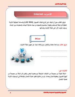 ‫ي‬‫عزيز‬‫سبق‬ ‫الطالب‬‫أ‬‫على‬ ‫تعرفت‬ ‫ن‬‫أ‬‫الكمبيوتر‬ ‫شبكات‬ ‫اع‬‫و‬‫ن‬(LAN-WAN)‫الالزمة‬ ‫افية‬‫ر‬‫الجغ‬ ‫المساحة‬‫و‬
‫المع‬‫و‬ ‫البيانات‬ ‫مشاركة‬ ‫حيث‬ ‫من‬ ‫أهميتها‬‫و‬ ‫استخدمها‬ ‫وكيفية‬ ‫للمستخدم‬ ‫شبكة‬ ‫كل‬ ‫لتغطية‬‫ال‬ ‫بين‬ ‫لومات‬‫زمالء‬
‫اآل‬ ‫نتعرف‬ ‫وسوف‬‫شبكة‬ ‫على‬ ‫ن‬‫اإلنترنت‬‫و‬‫خدمات‬.‫ها‬
‫ي‬‫عزيز‬‫الطالب‬‫مع‬ ‫ن‬‫وبالتعاو‬ ‫معلمك‬ ‫بمساعدة‬‫زمالئك‬‫عن‬ ‫ابحث‬‫االنترنت‬ ‫شبكة‬ ‫مفهوم‬.
................................................
................................................
‫اإل‬‫نترنت‬:‫هي‬
-‫من‬ ‫مجموعة‬ ‫من‬ ‫شبكة‬ ‫كل‬ ‫ن‬‫وتتكو‬ ‫البعض‬ ‫بعضها‬ ‫مع‬ ‫ابطة‬‫ر‬‫المت‬ ‫الشبكات‬ ‫من‬ ‫مجموعة‬ ‫من‬ ‫مكونة‬ ‫شبكة‬
‫أ‬‫ومعدات‬ ‫اتصال‬ ‫وخطوط‬ ‫الكمبيوتر‬ ‫ة‬‫جهز‬،‫االتصال‬ ‫عملية‬ ‫تنظيم‬ ‫خاللها‬ ‫من‬ ‫يتم‬‫باإلضافة‬‫إ‬‫ا‬ ‫البرمجيات‬ ‫لى‬‫لالزمة‬
‫االتصال‬ ‫لعملية‬.
‫نشاط‬
‫ا‬‫إلنترنت‬Internet
 