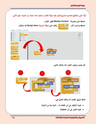 ‫أ‬ً‫ل‬‫و‬:‫لك‬‫ي‬‫تستطيع‬‫ع‬‫مشرو‬ ‫تصميم‬‫فيه‬ ‫ن‬‫تكو‬‫عدد‬ ‫ة‬‫مستمر‬ ‫الكائن‬ ‫حركة‬‫ال‬ ‫من‬ ‫محدد‬‫ات‬‫ر‬‫م‬‫اتبع‬‫اآلتي‬:
-‫ا‬‫ضغط‬‫مجموعة‬ ‫على‬Blocks Control‫األ‬ ‫تظهر‬‫امر‬‫و‬.
‫القاءه‬‫و‬‫في‬‫البرمجة‬ ‫منطقة‬Script Area:‫بالشكل‬ ‫كما‬ -‫اسحب‬‫و‬ ‫اضغط‬‫األ‬‫مر‬
-‫وتركيب‬ ‫بترتيب‬ ‫قم‬‫امر‬‫و‬‫األ‬‫بالشكل‬ ‫كما‬:‫التالي‬
-‫لحظ‬‫ي‬‫عزيز‬‫الطالب‬‫أ‬‫نه‬‫يمكنك‬‫التعديل‬‫في‬:
‫قيمة‬‫النتظار‬‫في‬‫أ‬‫مر‬wait(0.5‫ثاني‬‫ة‬‫من‬ ‫بدل‬1)‫ثانية‬.
‫ار‬‫ر‬‫التك‬ ‫قيمة‬‫في‬‫أ‬‫مر‬repeat.
1 2
3
 