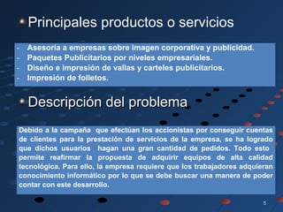 55
Principales productos o servicios
Descripción del problemaDescripción del problema
- Asesoría a empresas sobre imagen corporativa y publicidad.
- Paquetes Publicitarios por niveles empresariales.
- Diseño e impresión de vallas y carteles publicitarios.
- Impresión de folletos.
Debido a la campaña que efectúan los accionistas por conseguir cuentas
de clientes para la prestación de servicios de la empresa, se ha logrado
que dichos usuarios hagan una gran cantidad de pedidos. Todo esto
permite reafirmar la propuesta de adquirir equipos de alta calidad
tecnológica. Para ello, la empresa requiere que los trabajadores adquieran
conocimiento informático por lo que se debe buscar una manera de poder
contar con este desarrollo.
 