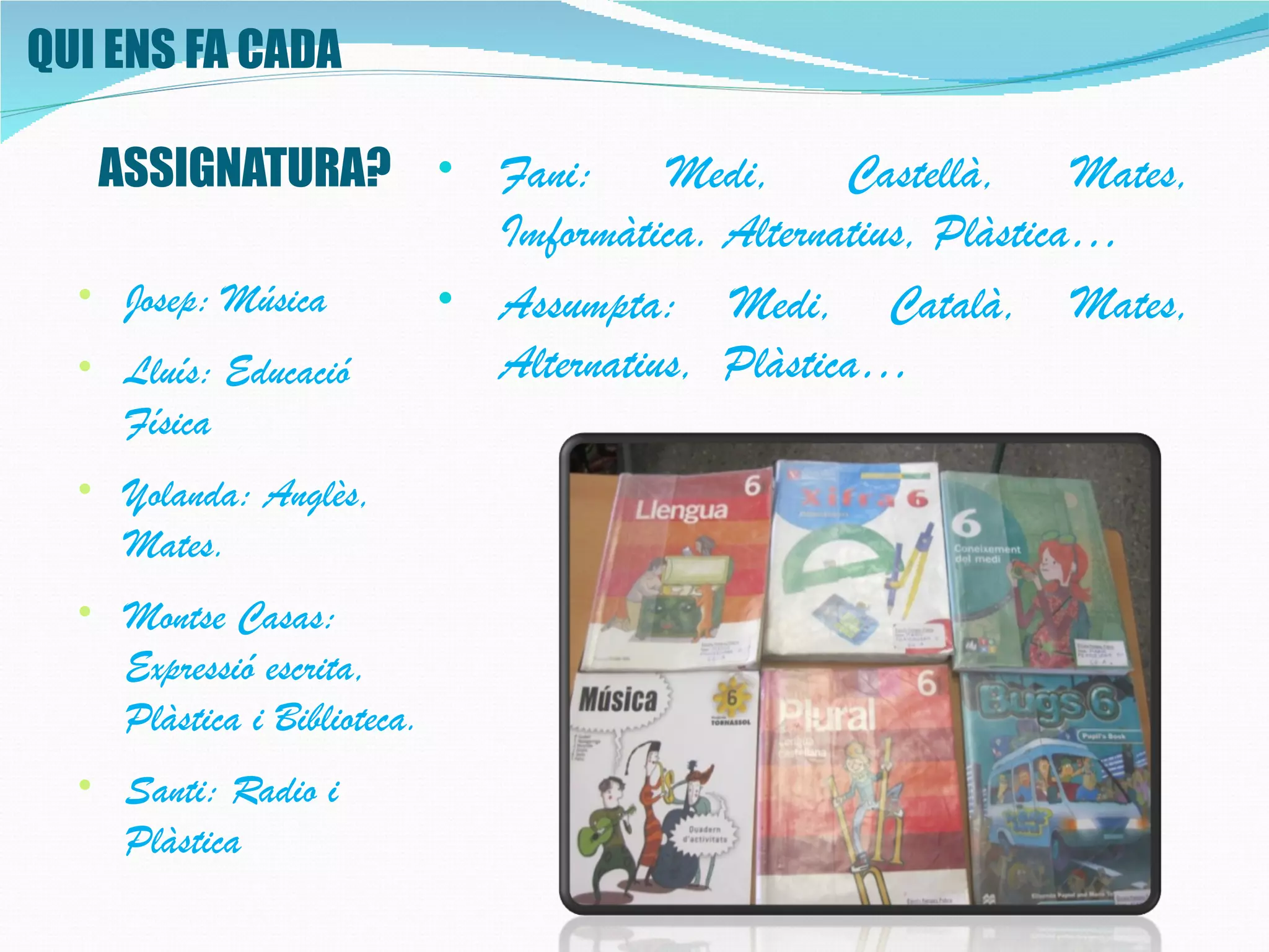 QUI ENS FA CADA

   ASSIGNATURA? • Fani:         Medi,     Castellà,     Mates,
                      Imformàtica. Alternatius, Plàstica…
  • Josep: Música   • Assumpta: Medi, Català, Mates,
  • Lluís: Educació   Alternatius, Plàstica…
     Física
  • Yolanda: Anglès,
    Mates.
  • Montse Casas:
    Expressió escrita,
    Plàstica i Biblioteca.
  • Santi: Radio i
    Plàstica
 