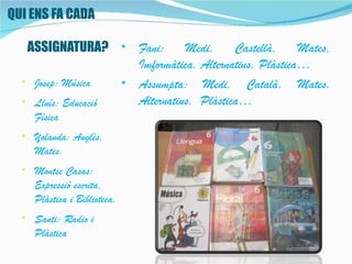 QUI ENS FA CADA

   ASSIGNATURA? • Fani:         Medi,     Castellà,     Mates,
                      Imformàtica. Alternatius, Plàstica…
  • Josep: Música   • Assumpta: Medi, Català, Mates,
  • Lluís: Educació   Alternatius, Plàstica…
     Física
  • Yolanda: Anglès,
    Mates.
  • Montse Casas:
    Expressió escrita,
    Plàstica i Biblioteca.
  • Santi: Radio i
    Plàstica
 