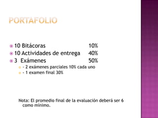 Portafolio10 Bitácoras			10%10 Actividades de entrega 	40%3  Exámenes			50%- 2 exámenes parciales 10% cada uno- 1 examen final 30%Nota: El promedio final de la evaluación deberá ser 6 como mínimo.