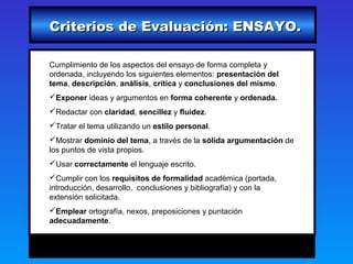 Criterios de Evaluación: ENSAYO.

Cumplimiento de los aspectos del ensayo de forma completa y
ordenada, incluyendo los siguientes elementos: presentación del
tema, descripción, análisis, crítica y conclusiones del mismo.
Exponer ideas y argumentos en forma coherente y ordenada.
Redactar con claridad, sencillez y fluidez.
Tratar el tema utilizando un estilo personal.
Mostrar dominio del tema, a través de la sólida argumentación de
los puntos de vista propios.
Usar correctamente el lenguaje escrito.
Cumplir con los requisitos de formalidad académica (portada,
introducción, desarrollo, conclusiones y bibliografía) y con la
extensión solicitada.
Emplear ortografía, nexos, preposiciones y puntación
adecuadamente.
 