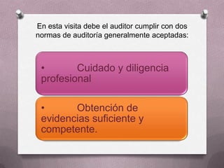 En esta visita debe el auditor cumplir con dos
normas de auditoría generalmente aceptadas:



 •       Cuidado y diligencia
 profesional

 •      Obtención de
 evidencias suficiente y
 competente.
 