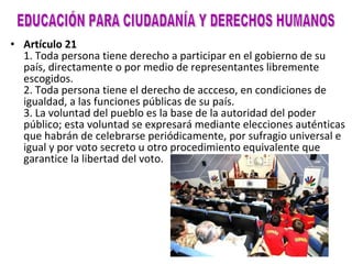Artículo 21 1. Toda persona tiene derecho a participar en el gobierno de su país, directamente o por medio de representantes libremente escogidos. 2. Toda persona tiene el derecho de accceso, en condiciones de igualdad, a las funciones públicas de su país. 3. La voluntad del pueblo es la base de la autoridad del poder público; esta voluntad se expresará mediante elecciones auténticas que habrán de celebrarse periódicamente, por sufragio universal e igual y por voto secreto u otro procedimiento equivalente que garantice la libertad del voto. EDUCACIÓN PARA CIUDADANÍA Y DERECHOS HUMANOS 