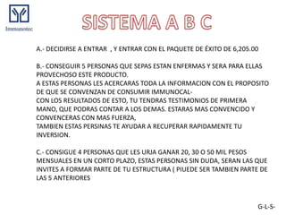 A.- DECIDIRSE A ENTRAR , Y ENTRAR CON EL PAQUETE DE ÉXITO DE 6,205.00

B.- CONSEGUIR 5 PERSONAS QUE SEPAS ESTAN ENFERMAS Y SERA PARA ELLAS
PROVECHOSO ESTE PRODUCTO.
A ESTAS PERSONAS LES ACERCARAS TODA LA INFORMACION CON EL PROPOSITO
DE QUE SE CONVENZAN DE CONSUMIR IMMUNOCAL-
CON LOS RESULTADOS DE ESTO, TU TENDRAS TESTIMONIOS DE PRIMERA
MANO, QUE PODRAS CONTAR A LOS DEMAS. ESTARAS MAS CONVENCIDO Y
CONVENCERAS CON MAS FUERZA,
TAMBIEN ESTAS PERSINAS TE AYUDAR A RECUPERAR RAPIDAMENTE TU
INVERSION.

C.- CONSIGUE 4 PERSONAS QUE LES URJA GANAR 20, 30 O 50 MIL PESOS
MENSUALES EN UN CORTO PLAZO, ESTAS PERSONAS SIN DUDA, SERAN LAS QUE
INVITES A FORMAR PARTE DE TU ESTRUCTURA ( PIUEDE SER TAMBIEN PARTE DE
LAS 5 ANTERIORES



                                                                    G-L-S-
 