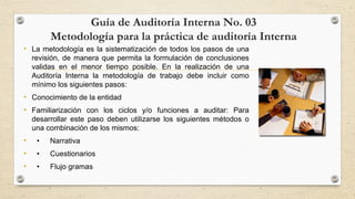 Guía de Auditoría Interna No. 03 
Metodología para la práctica de auditoría Interna 
• La metodología es la sistematización de todos los pasos de una 
revisión, de manera que permita la formulación de conclusiones 
validas en el menor tiempo posible. En la realización de una 
Auditoría Interna la metodología de trabajo debe incluir como 
mínimo los siguientes pasos: 
• Conocimiento de la entidad 
• Familiarización con los ciclos y/o funciones a auditar: Para 
desarrollar este paso deben utilizarse los siguientes métodos o 
una combinación de los mismos: 
• • Narrativa 
• • Cuestionarios 
• • Flujo gramas 
 