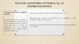 GUIA DE AUDITORIA INTERNA No. 12 
DEPRECIACIONES 
Concepto, Naturaleza y Registro 
Contable 
Los activos fijos pueden constituir un 
rubro de importancia relativa dentro 
de sus estados financieros, ya que la 
misma tiene efecto en costos de 
producción, si es una empresa 
industrial y en los resultados de la 
empresa si es comercial. 
Esta guía indica que los objetivos de la auditoría interna son: 
•Determinar que el cargo a la depreciación se ha calculado en forma 
consistente respecto al año anterior. 
•Constatar que las bajas de los activos, reposiciones y ajustes estén reflejados 
en las cuentas. 
 