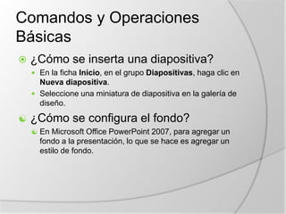 imágenes prediseñadas o importadas desde imágenes de la computadora.Características de Power PointEn Power Point se puede incluir los logos y colores propios de cada organización. Una vez desarrollados estos slides o diapositivas, se pueden imprimir o se puede hacer una presentación propiamente tal, pasando por cada slide utilizando el mouse u otros dispositivos señaladores. Incluso se puede programar una presentación para que cada diapositiva dure una determinada cantidad de tiempo. Los archivos que contienen presentaciones PowerPoint los reconoceremos por sus extensiones .ppt, .pot o .pss, siendo la primera la más común.