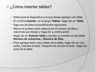 En Microsoft Office PowerPoint 2007, para agregar un fondo a la presentación, lo que se hace es agregar un estilo de fondo.¿Cómo borrar una diapositiva?Haga clic con el botón secundario en la diapositiva que desea eliminar y, a continuación, haga clic en Eliminar diapositiva.¿Cómo insertar un cuadro de texto?Haga clic en el gráfico al que desea agregar un cuadro de texto. Esto hace que aparezcan las Herramientas de gráficos, que agrega las fichas Diseño, Presentación y Formato.En la ficha Presentación, en el grupo Insertar, haga clic en Cuadro de texto . En el gráfico, haga clic en el lugar donde desea colocar una esquina del cuadro de texto y luego arrastre hasta que el cuadro de texto tenga el tamaño deseado. En el cuadro de texto, escriba el texto que desee. El texto se ajustará en el cuadro de texto. Para empezar una nueva línea en el cuadro de texto, presione ENTRAR.Cuando termine de escribir, presione ESC para salir del modo de edición, o haga clic en cualquier lugar fuera del cuadro de texto. 