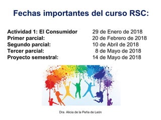 Dra. Alicia de la Peña de León
Fechas importantes del curso RSC:
Actividad 1: El Consumidor 29 de Enero de 2018
Primer parcial: 20 de Febrero de 2018
Segundo parcial: 10 de Abril de 2018
Tercer parcial: 8 de Mayo de 2018
Proyecto semestral: 14 de Mayo de 2018
 