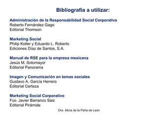 Dra. Alicia de la Peña de León
Bibliografía a utilizar:
Administración de la Responsabilidad Social Corporativa
Roberto Fernández Gago
Editorial Thomson
Marketing Social
Philip Kotler y Eduardo L. Roberto
Ediciones Díaz de Santos, S.A.
Manual de RSE para la empresa mexicana
Jesús M. Sotomayor
Editorial Panorama
Imagen y Comunicación en temas sociales
Gustavo A. García Herrero
Editorial Certeza
Marketing Social Corporativo
Fco. Javier Barranco Saiz
Editorial Pirámide
 
